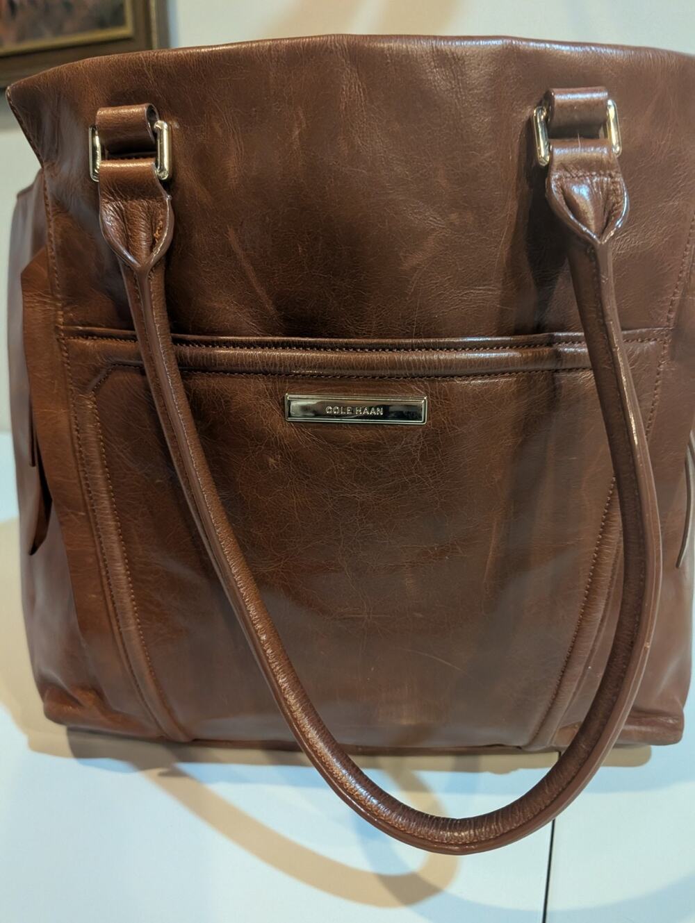 Cole Haan Brown Leather Tote Bag Blue Lined Silver Hardware Magnetic Closure